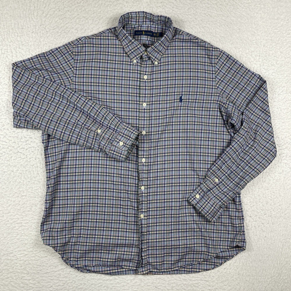 Ralph Lauren Button Down Shirt Mens XXL Blue Plaid Cotton Classic‎ Fit Preppy